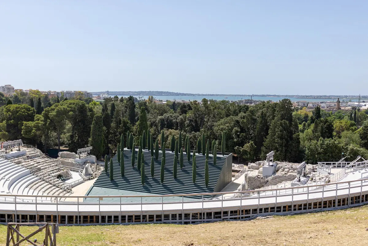 The Greek theatre with a stage set for the summer plays