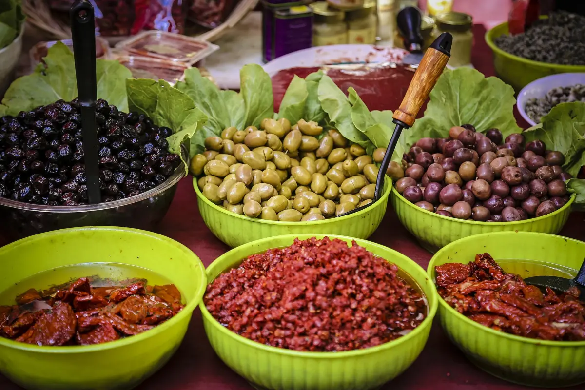 Olives and dried tomatoes at the Ortigia market